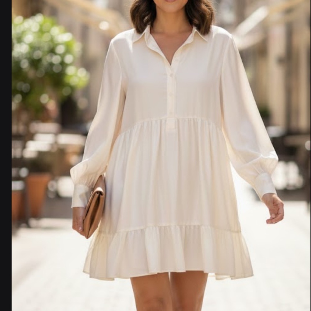 Dance & Marvel Cream Long Sleeve Tiered Shirt Dress